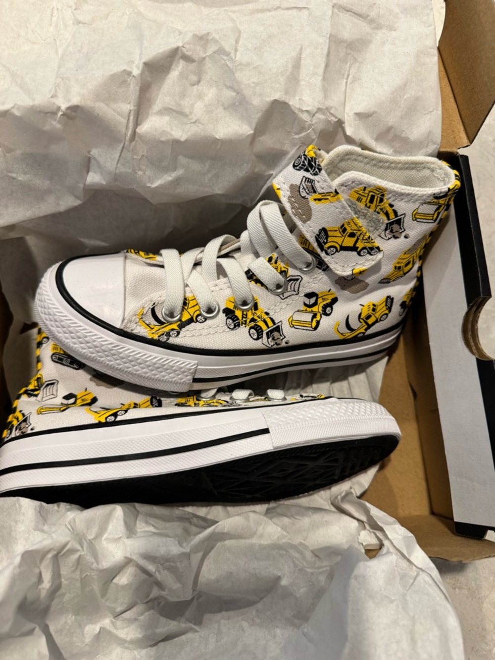 Converse White High Top Sneakers with Yellow and Black Construction Print